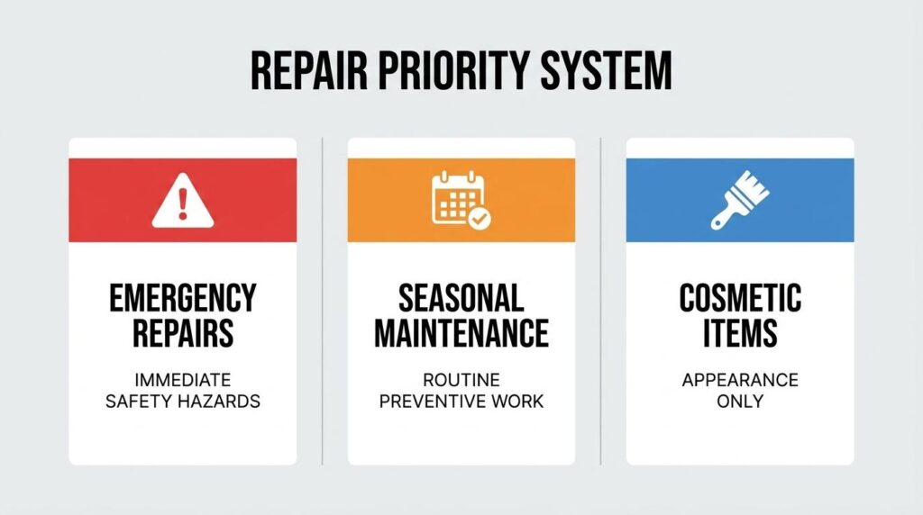 Repair priority system for pavement maintenance showing emergency repairs, seasonal maintenance, and cosmetic items
