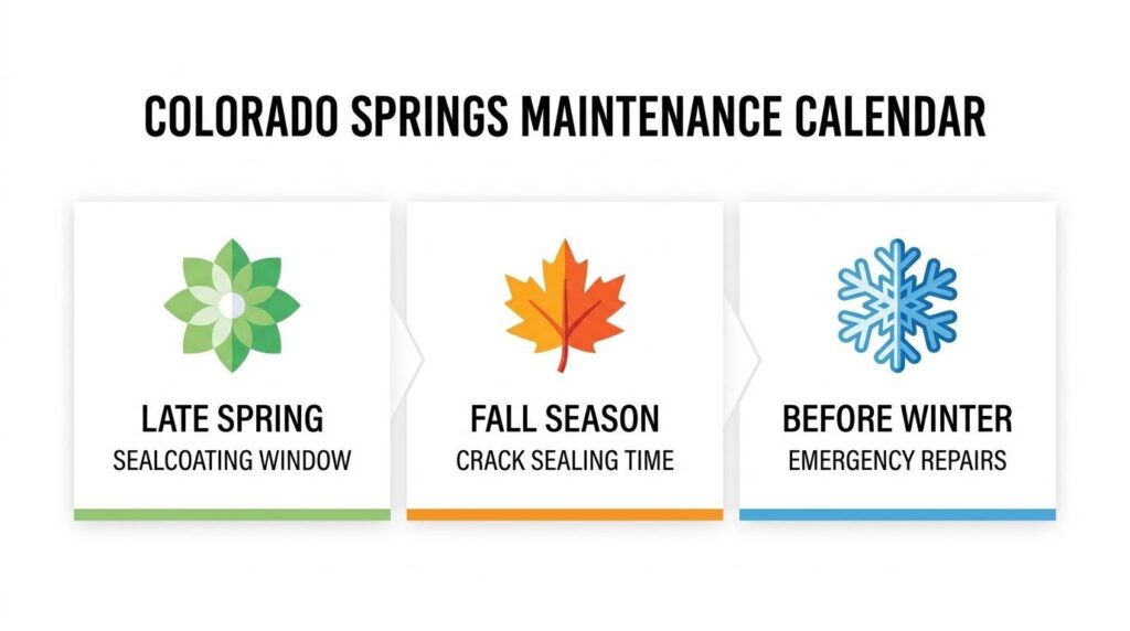 Colorado Springs maintenance calendar showing late spring sealcoating, fall crack sealing, and before-winter emergency repairs