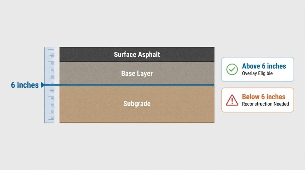 Asphalt layer thickness diagram showing six-inch depth threshold for overlay eligibility versus reconstruction need