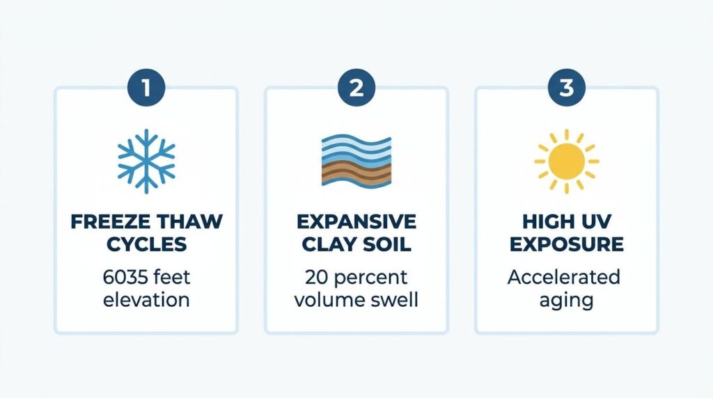 Colorado Springs pavement risk factors infographic showing freeze-thaw cycles, expansive clay soil, and high UV exposure