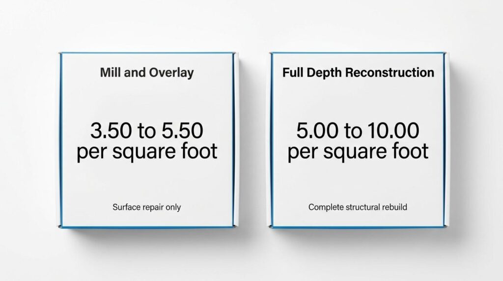 Cost comparison between mill and overlay and full-depth reconstruction asphalt repair methods per square foot