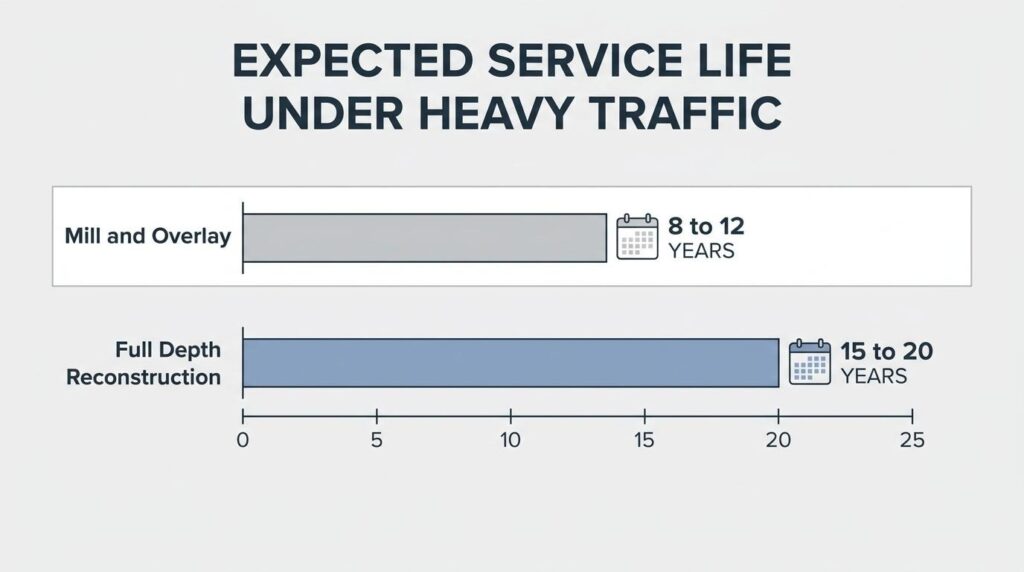 Expected service life chart comparing mill and overlay lasting 8 to 12 years with full-depth reconstruction lasting 15 to 20 years
