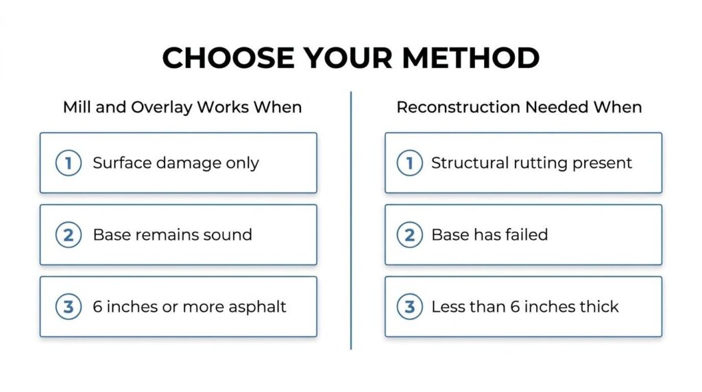 Decision guide showing when to choose mill and overlay versus full-depth reconstruction for asphalt pavement repairs