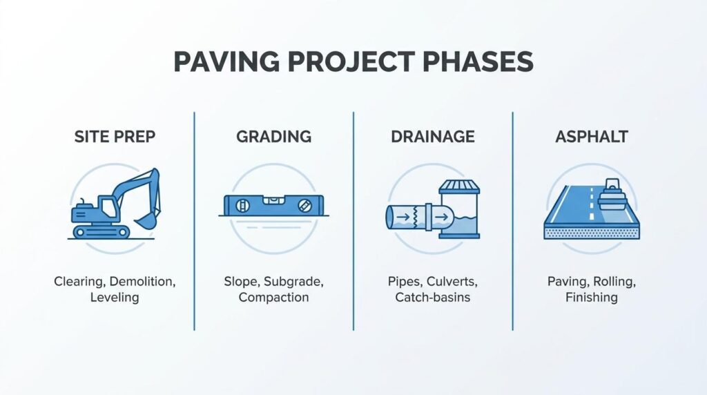 Paving project phases infographic showing site prep, grading, drainage, and asphalt installation steps
