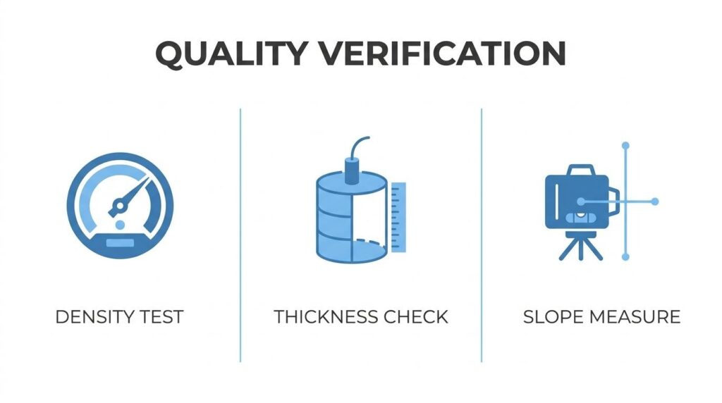 Quality verification infographic showing asphalt density testing, thickness checks, and slope measurement