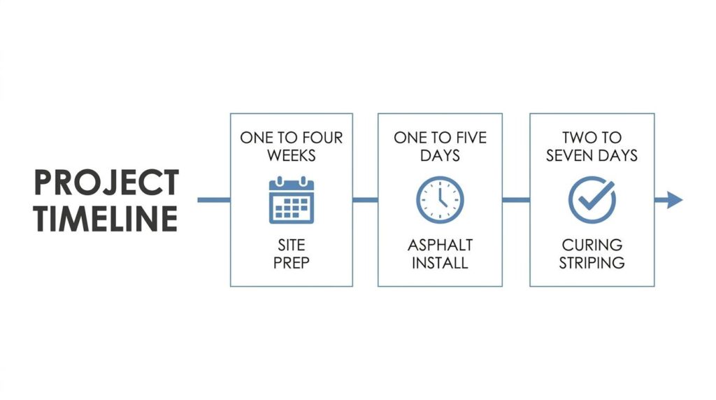 Project timeline for new asphalt paving showing site prep, asphalt installation, and curing or striping durations