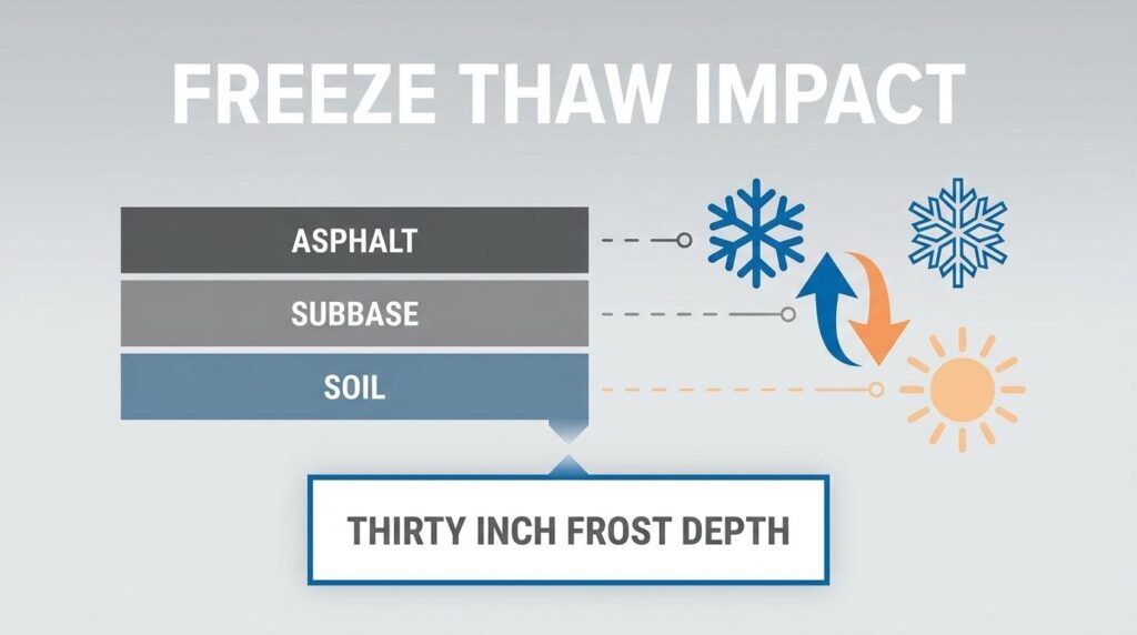 Freeze-thaw impact diagram showing asphalt, subbase, and soil layers affected by a thirty-inch frost depth