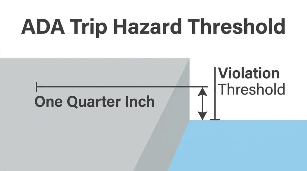 ADA trip hazard threshold diagram showing a one-quarter-inch sidewalk height difference as a violation threshold
