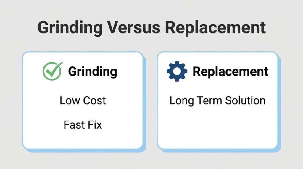 Grinding versus replacement comparison for sidewalk trip hazards showing low-cost grinding and long-term replacement options