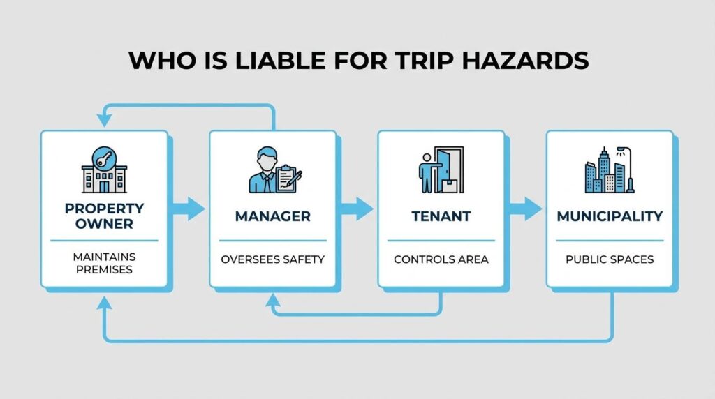 Trip hazard liability infographic showing property owner, manager, tenant, and municipality responsibilities