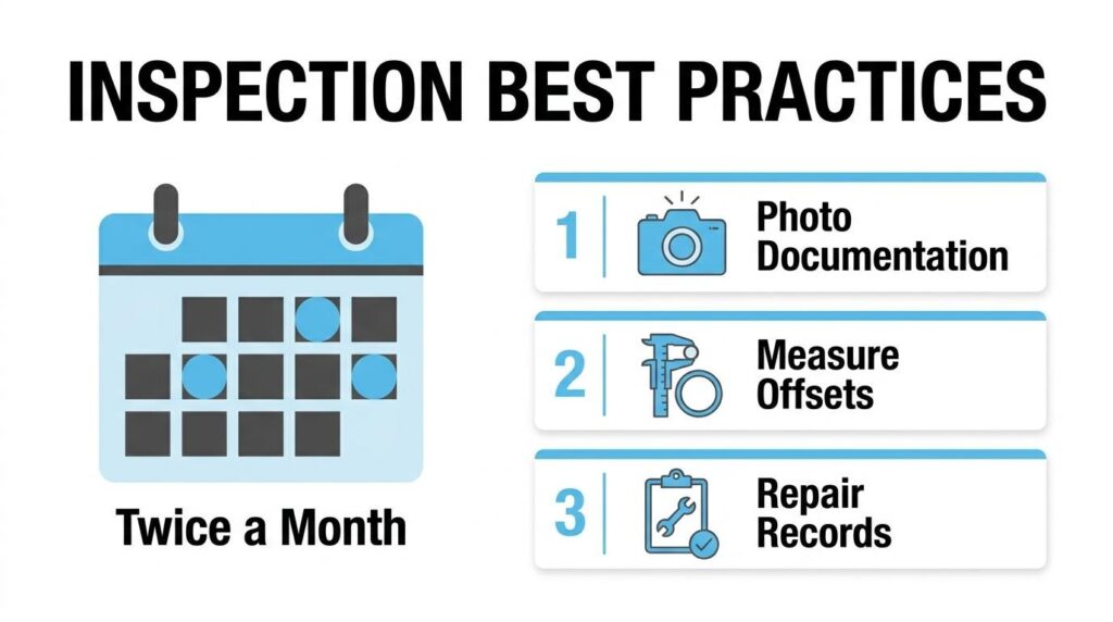 Sidewalk inspection best practices infographic showing twice-monthly inspections, photo documentation, offset measurement, and repair records