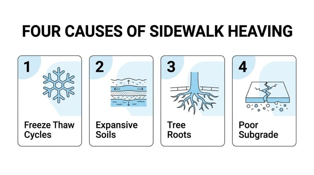 Four causes of sidewalk heaving infographic showing freeze-thaw cycles, expansive soils, tree roots, and poor subgrade
