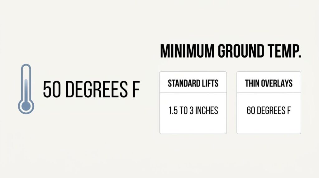 Minimum ground temperature guide showing 50°F requirement for paving and 60°F for thin asphalt overlays