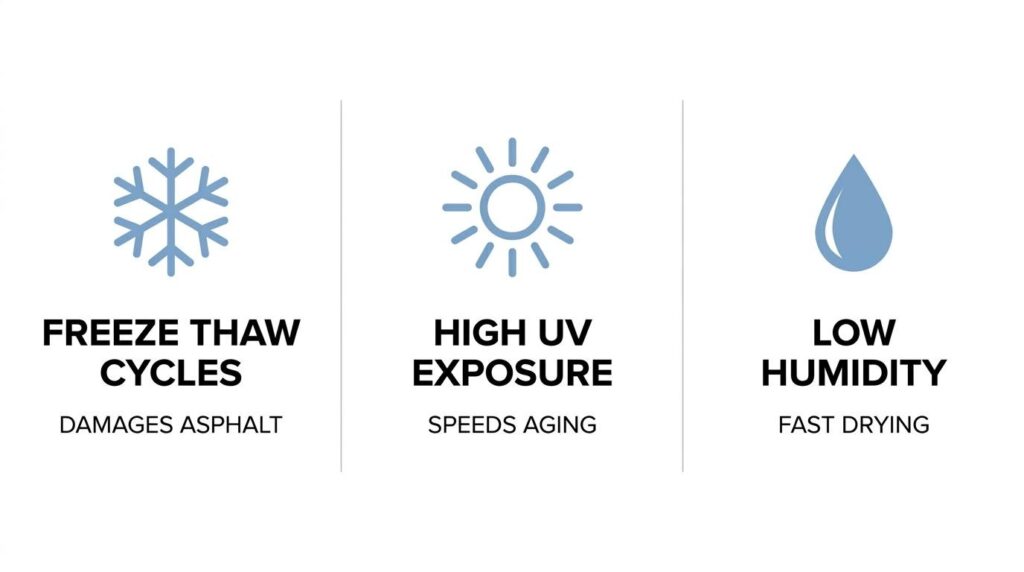Asphalt paving climate factors infographic showing freeze-thaw cycles, high UV exposure, and low humidity effects