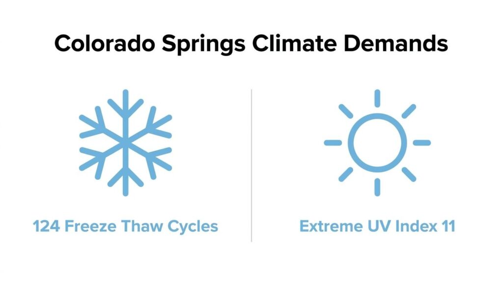 Colorado Springs climate demands infographic showing freeze-thaw cycles and extreme UV exposure for asphalt surfaces