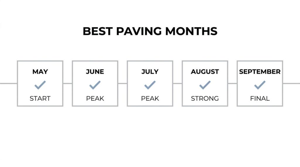 Best paving months timeline showing May start, June and July peak, August strong, and September final window