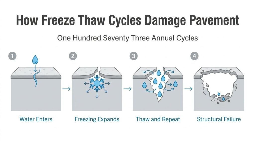 Freeze-thaw pavement damage diagram showing water entry, freezing expansion, repeated thawing, and structural failure
