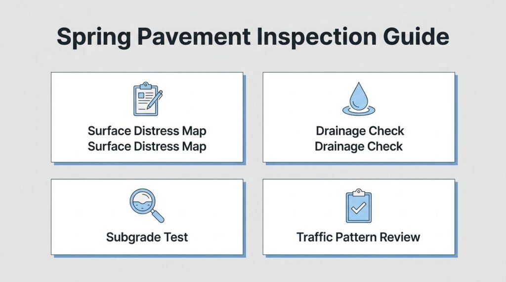 Spring pavement inspection guide showing surface distress mapping, drainage checks, subgrade testing, and traffic pattern review