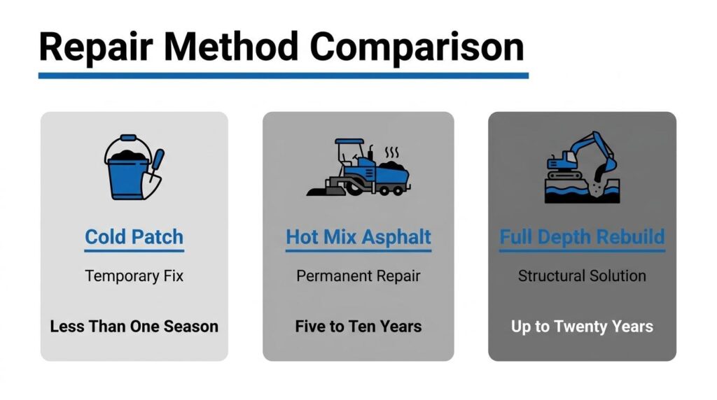 Asphalt repair method comparison showing cold patch, hot mix asphalt, and full-depth rebuild options