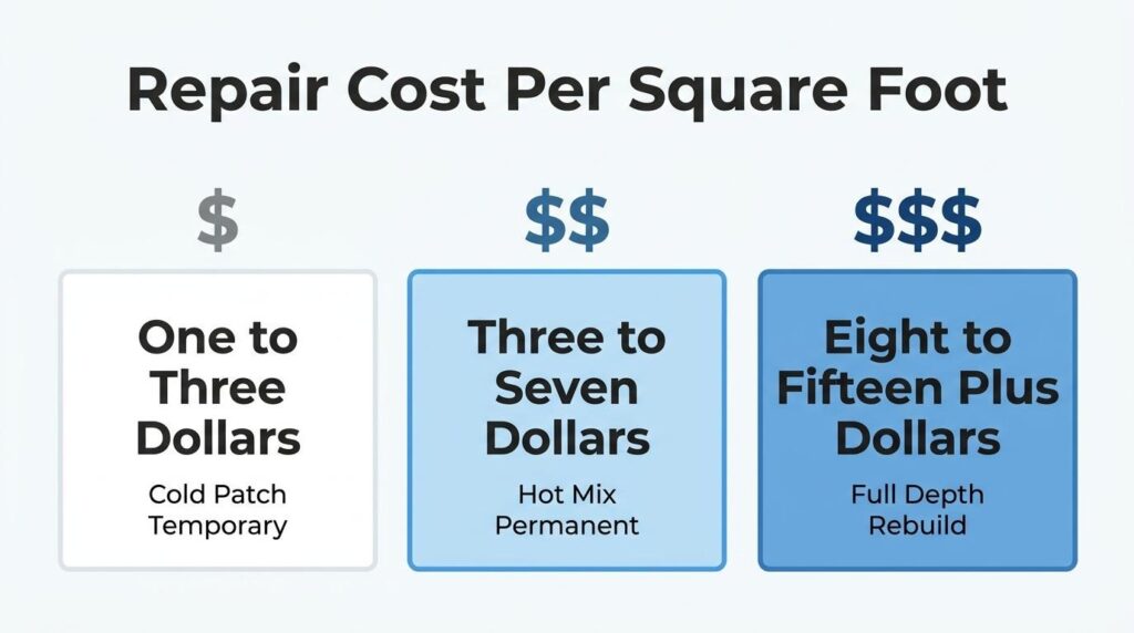 Pothole repair cost infographic comparing cold patch, hot mix asphalt, and full-depth rebuild prices per square foot