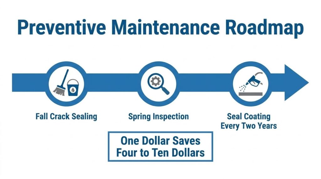 Preventive asphalt maintenance roadmap showing fall crack sealing, spring inspection, and sealcoating every two years