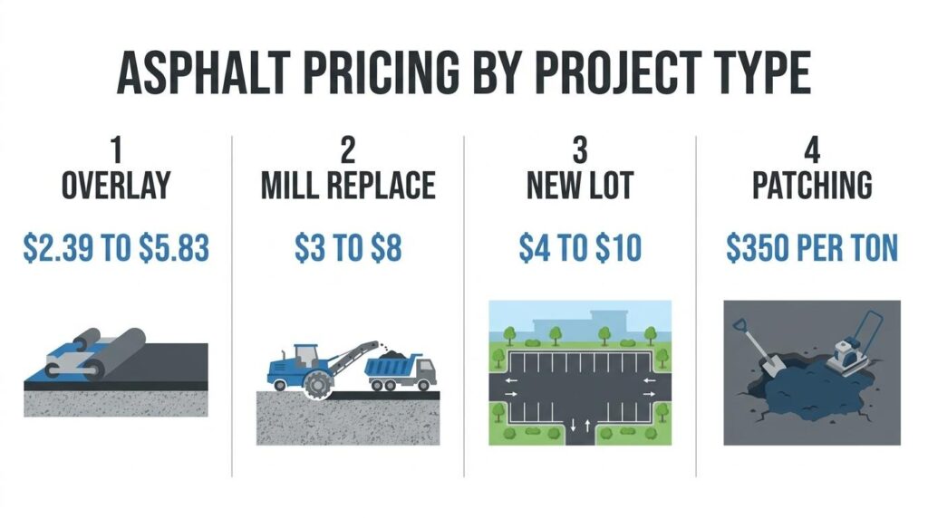 Asphalt pricing by project type chart comparing overlay, mill replacement, new parking lot paving, and patching costs