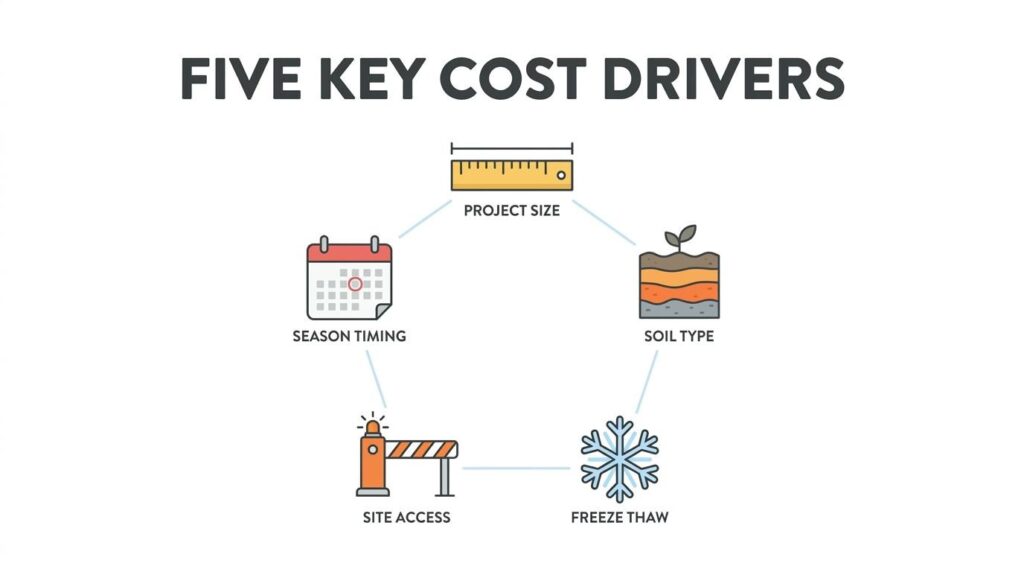Five key paving cost drivers infographic showing project size, soil type, freeze-thaw cycles, site access, and season timing