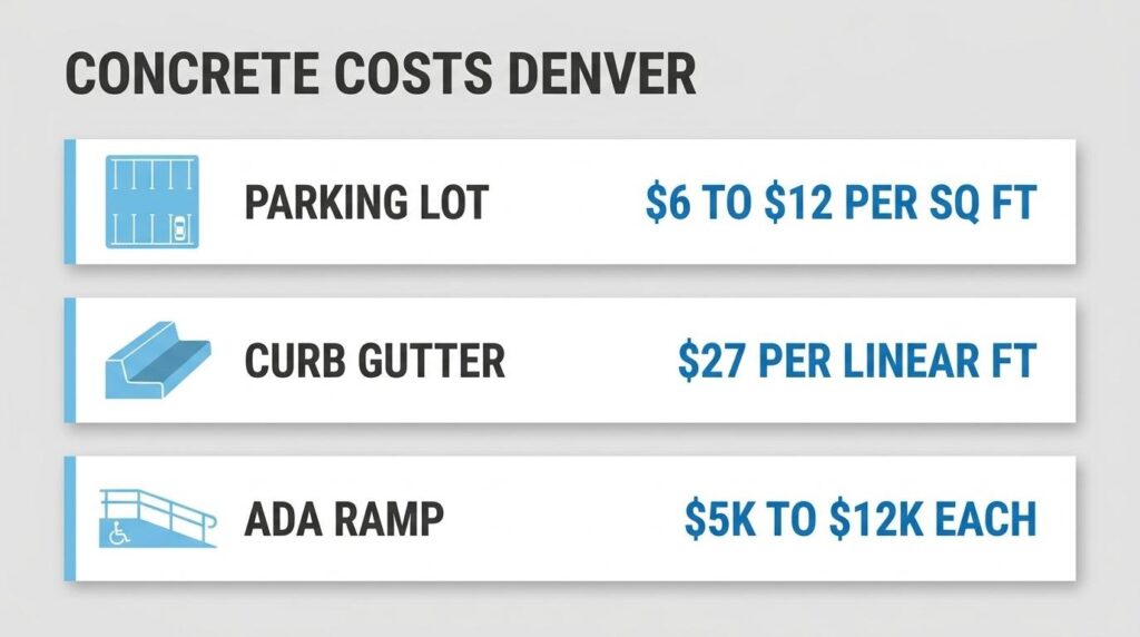 Concrete costs in Denver infographic showing parking lot, curb gutter, and ADA ramp price ranges
