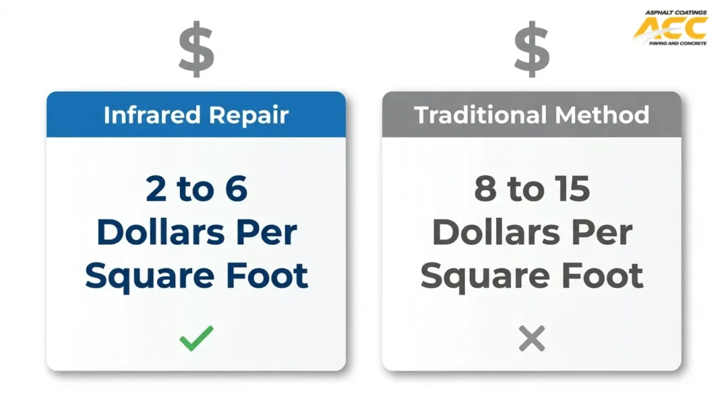 Infrared asphalt repair cost comparison showing lower cost per square foot than traditional repair methods