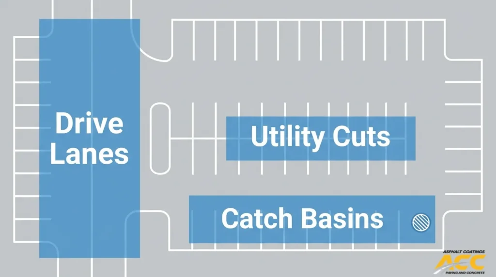 Parking lot repair map showing priority areas for infrared repair, including drive lanes, utility cuts, and catch basins
