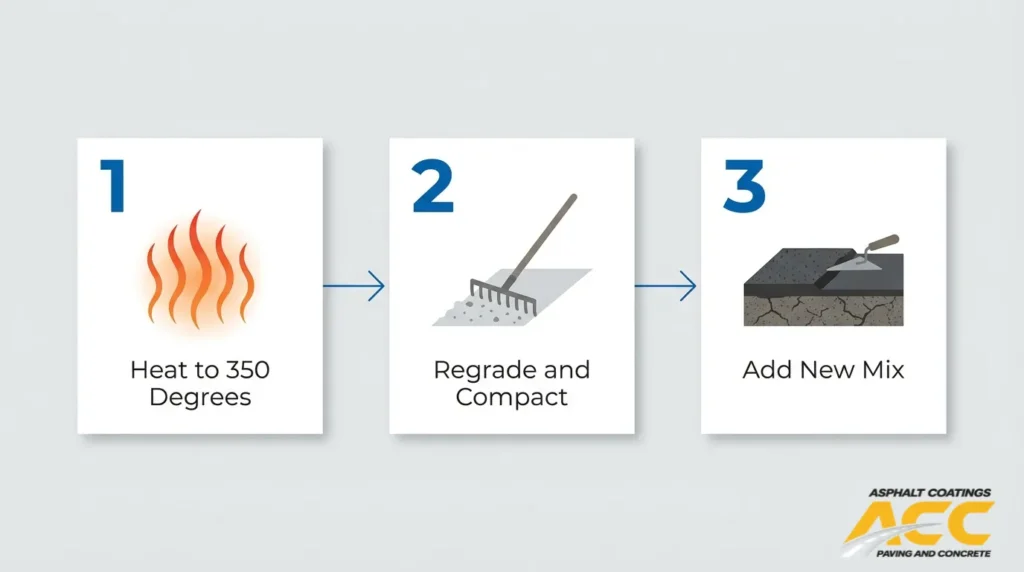 Infrared asphalt repair process showing heating to 350 degrees, regrading and compacting, and adding new asphalt mix