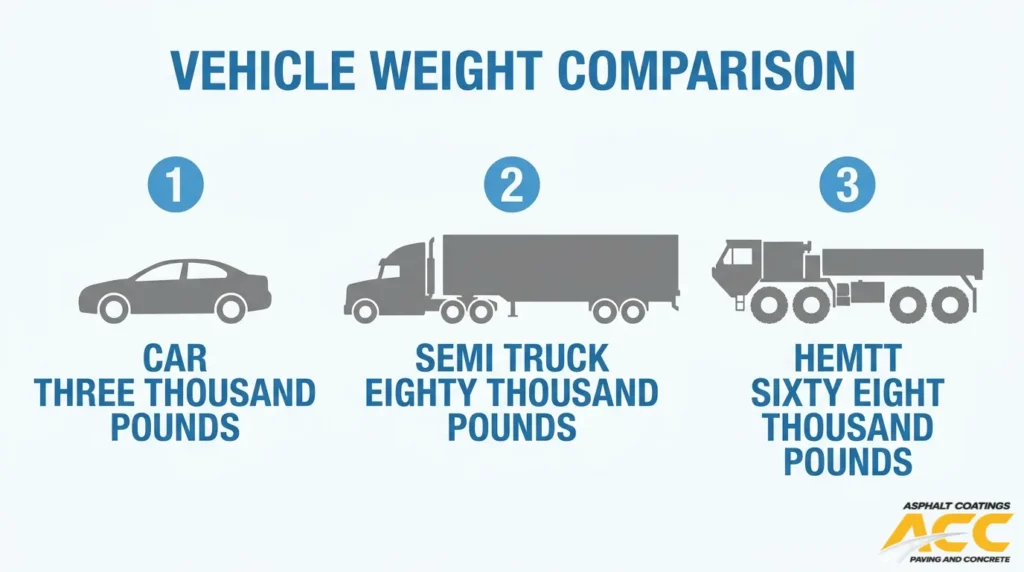 Vehicle weight comparison showing a car, semi truck, and HEMTT with their approximate weights