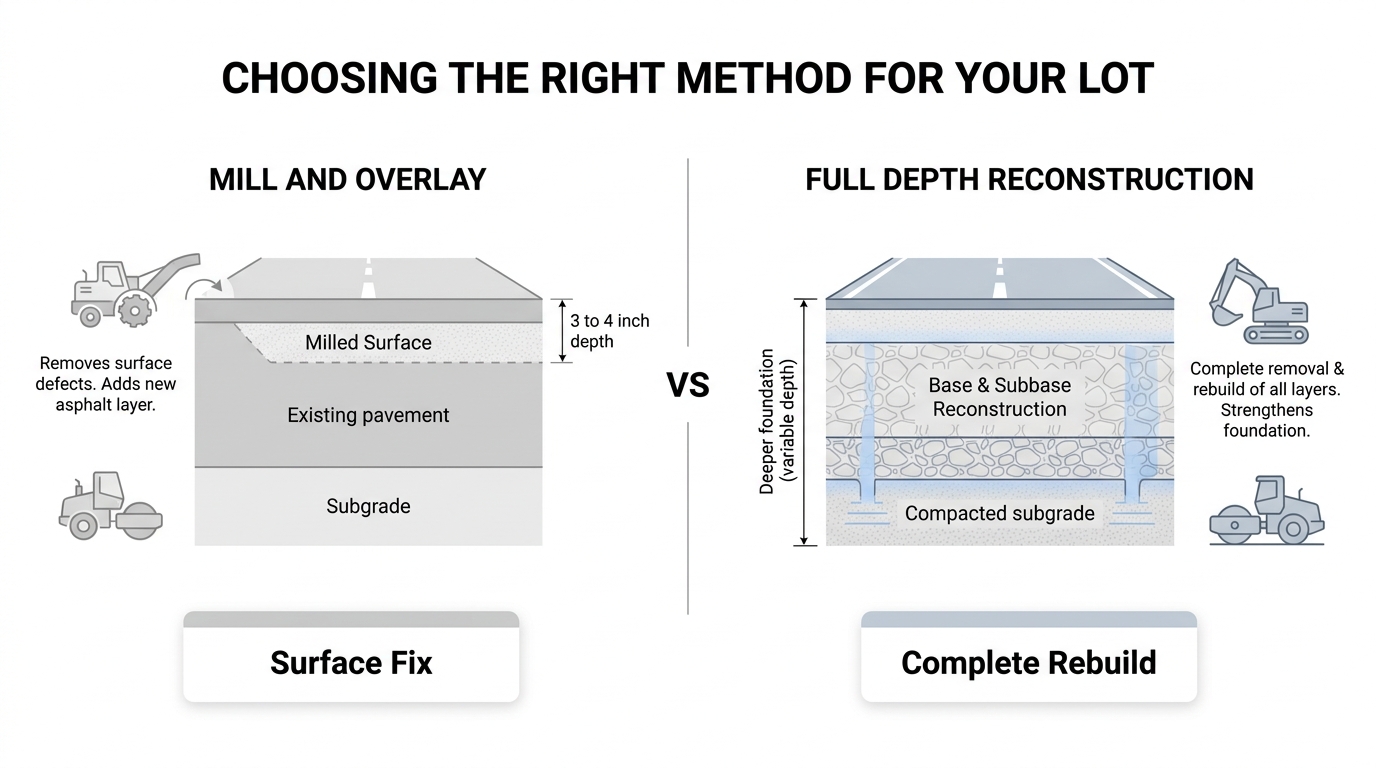What Should You Choose Between Mill-and-Overlay and Full-Depth Reconstruction for Aging Colorado Springs Industrial Lots?
