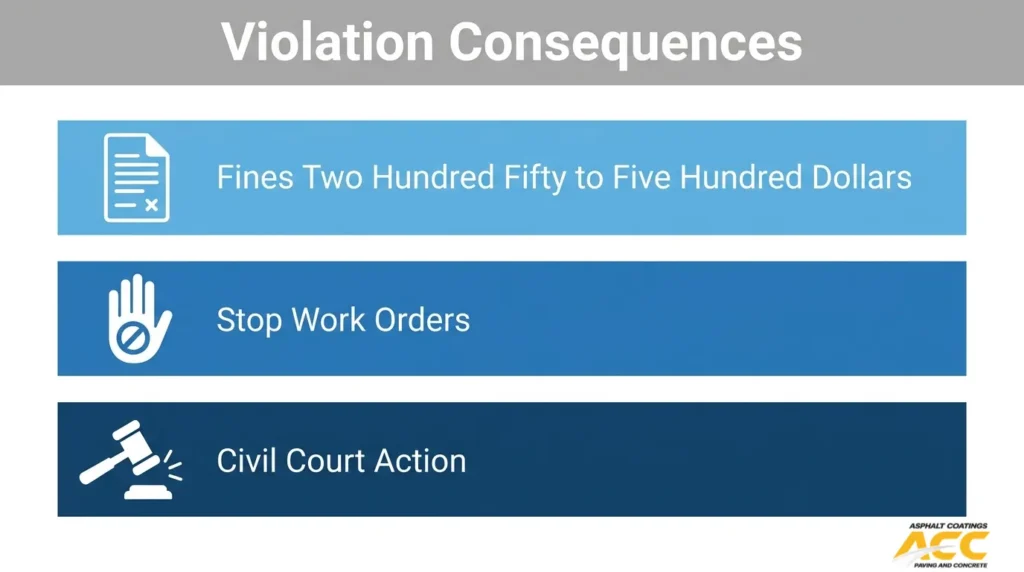 MS4 permit conditions violation consequences showing fines, stop work orders, and civil court action