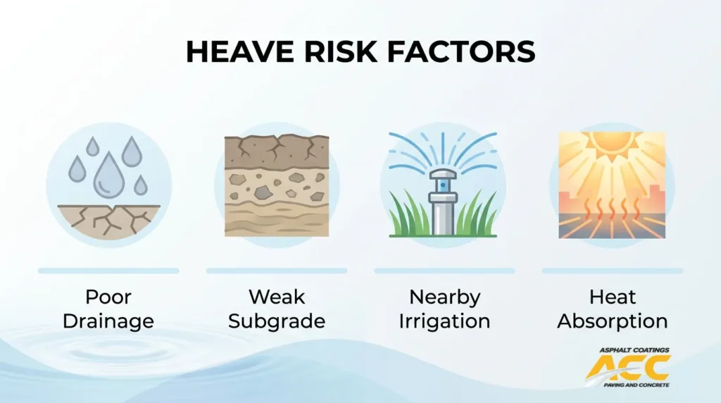 Heave risk factors infographic showing poor drainage, weak subgrade, nearby irrigation, and heat absorption