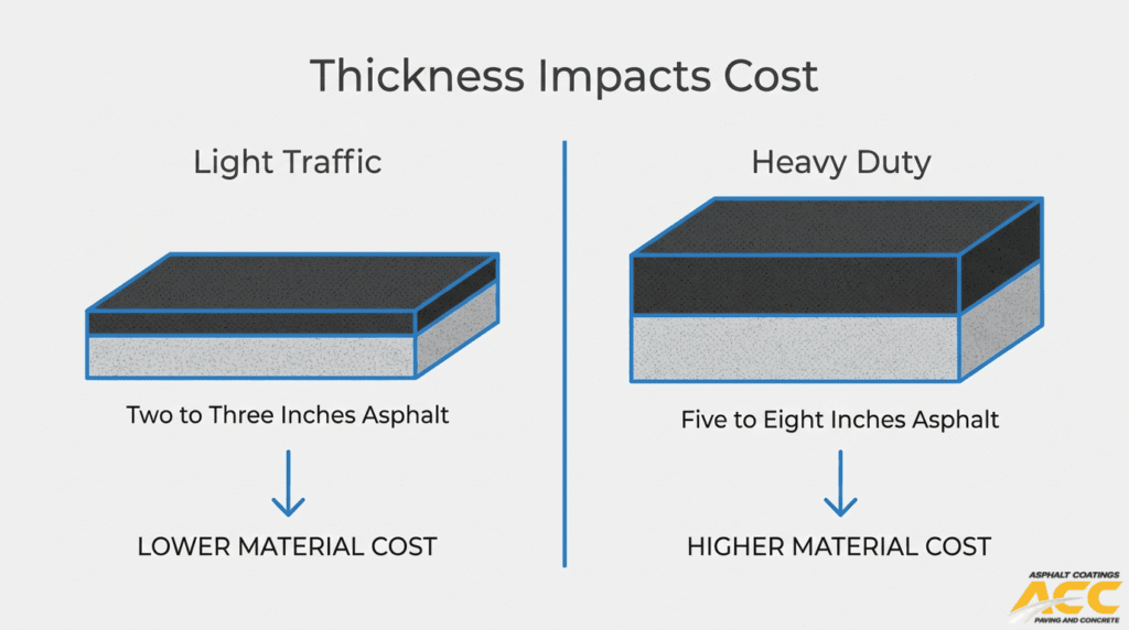 Asphalt thickness cost comparison showing light traffic pavement versus heavy duty pavement material costs.
