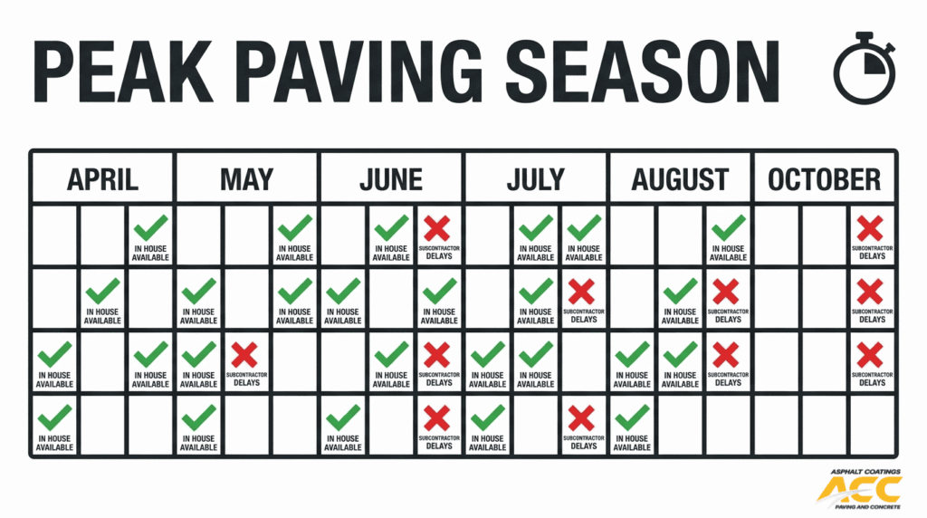 Peak paving season calendar showing in-house crew availability and subcontractor delays