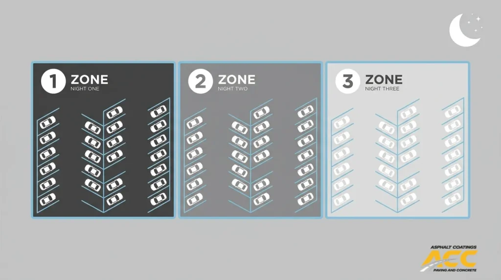 Parking lot sealcoating zone plan showing phased overnight work across three service zones