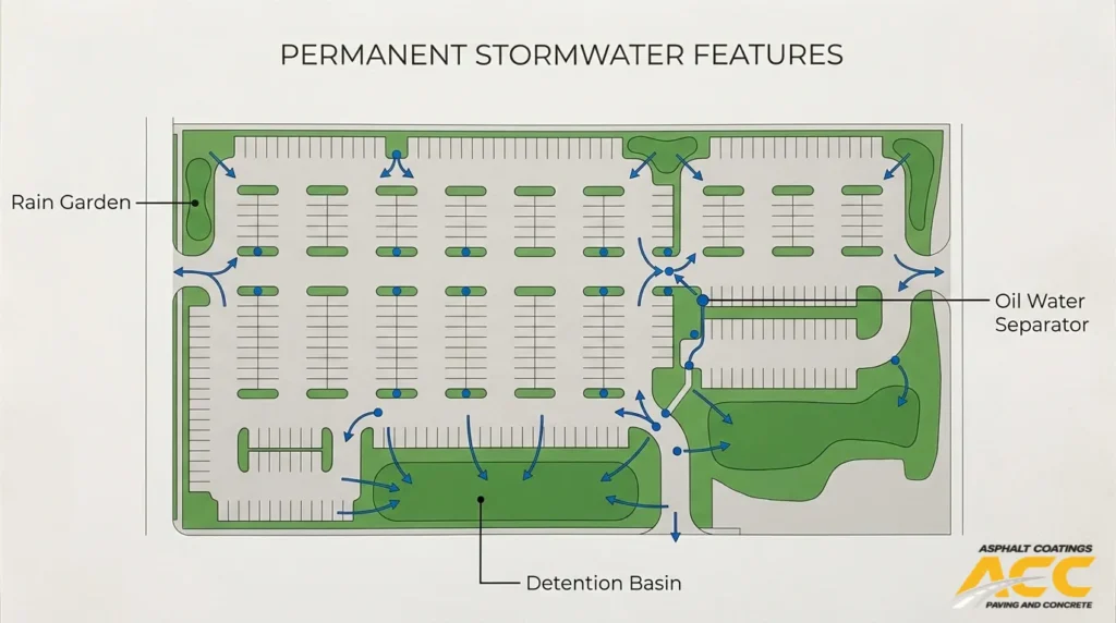 Permanent stormwater features map showing rain gardens, detention basin, oil water separator, and runoff flow paths in a parking lot