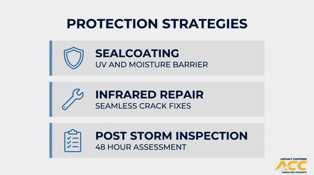 Asphalt protection strategies infographic showing sealcoating, infrared repair, and post-storm inspection