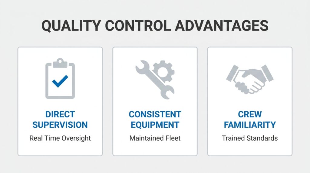 Quality control advantages of in-house asphalt crews showing direct supervision, consistent equipment, and crew familiarity
