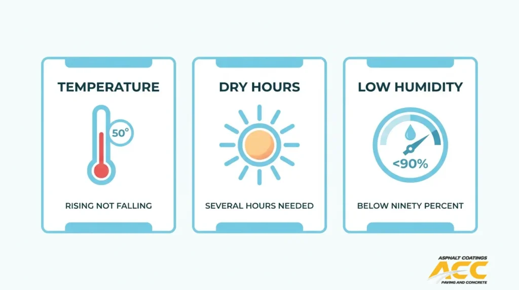 Sealcoating weather requirements showing rising temperatures, dry hours, and low humidity conditions