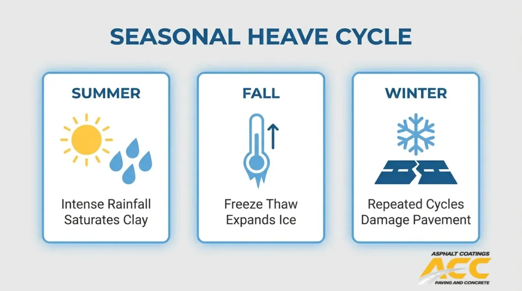 Seasonal heave cycle showing summer rainfall, fall freeze-thaw expansion, and winter pavement damage from repeated cycles