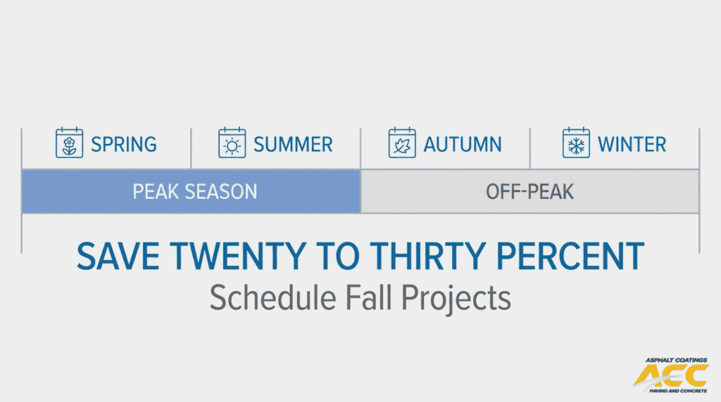 Seasonal paving pricing guide showing peak and off-peak project timing with savings for fall paving projects.