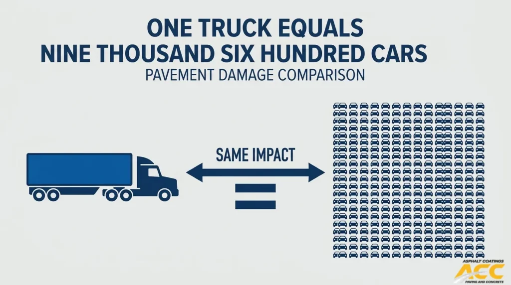 Pavement damage comparison showing one heavy truck creating the same impact as thousands of cars