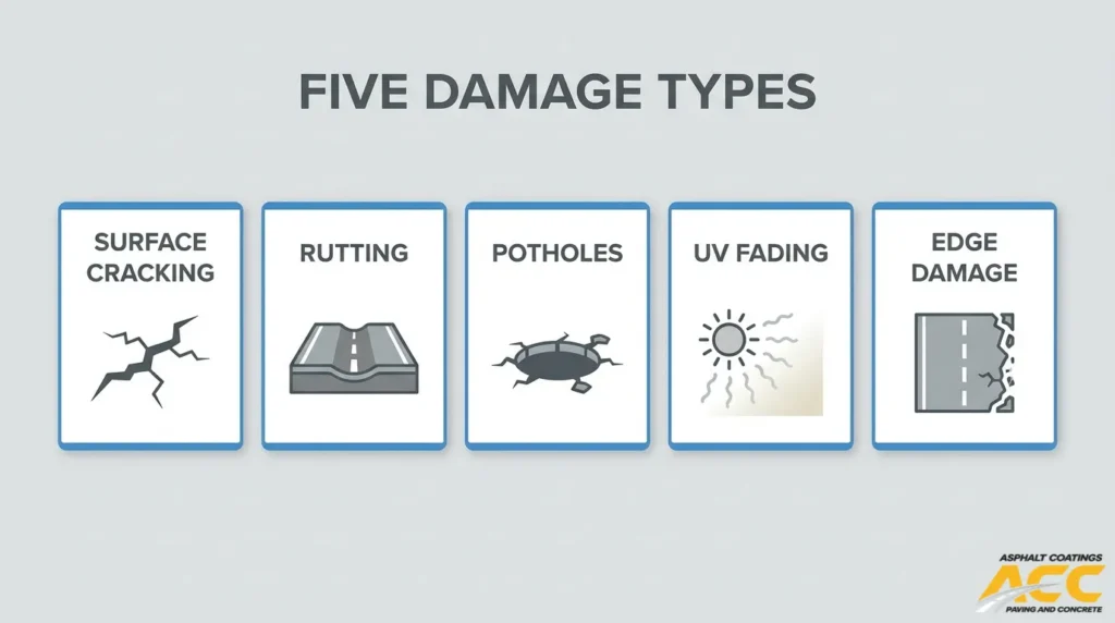 Five hotel parking lot damage types showing surface cracking, rutting, potholes, UV fading, and edge damage