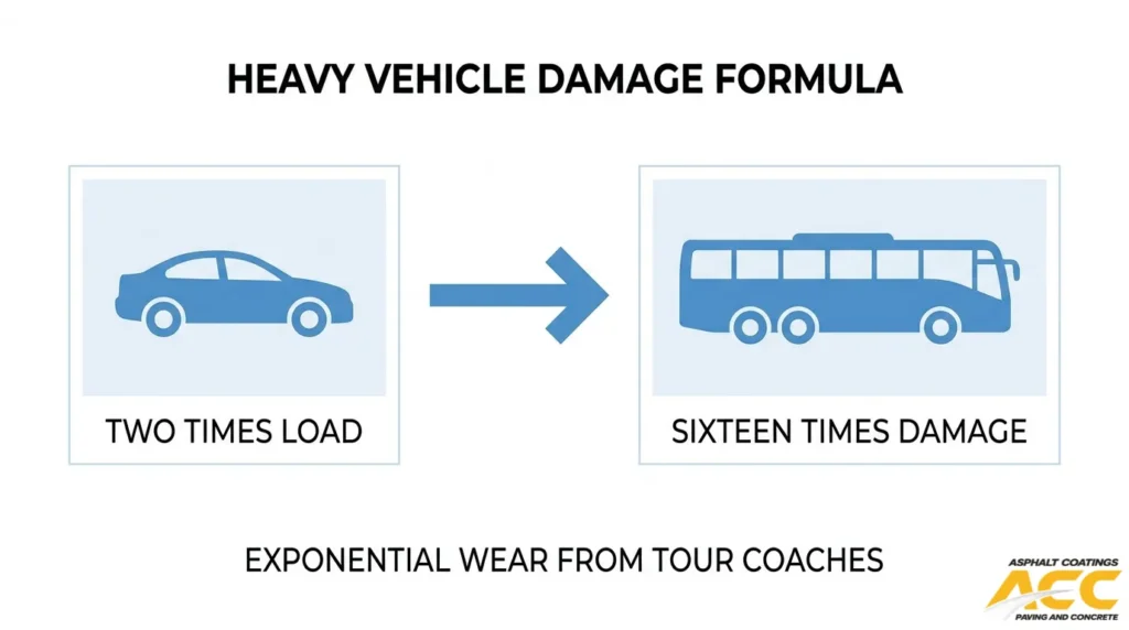Heavy vehicle damage formula showing tour coaches causing significantly more pavement wear than passenger cars