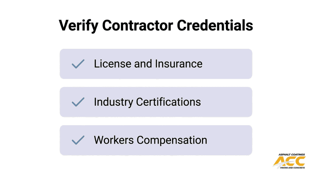 Asphalt contractor credentials checklist showing license, insurance, certifications, and workers compensation.
