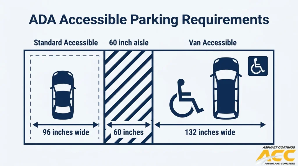 ADA accessible parking dimensions showing a standard space, 60-inch access aisle, and van-accessible parking space