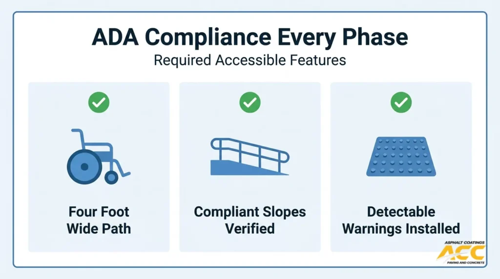 ADA requirements for phased paving projects, including a four-foot-wide path, compliant slopes, and detectable warnings